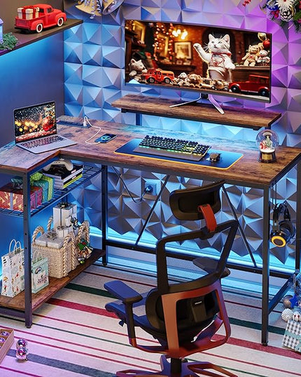 Bestier 52 Gaming Desk with Power Outlet & USB Ports,Reversible Small L Shaped Computer Desk with LED Strip & Headset Hooks,Corner Desk for Small Home Office Spaces,Bedroom Rustic - LeafyLoom