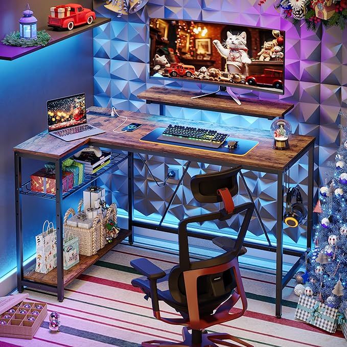 Bestier 52 Gaming Desk with Power Outlet & USB Ports,Reversible Small L Shaped Computer Desk with LED Strip & Headset Hooks,Corner Desk for Small Home Office Spaces,Bedroom Rustic - LeafyLoom