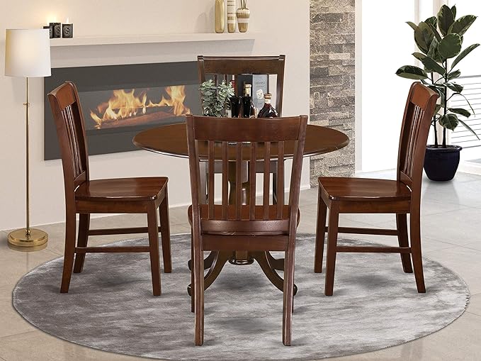East West Furniture DLNO5-MAH-W Dublin 5 Piece Room Set Includes a Round Dining Table with Dropleaf and 4 Wood Seat Chairs, 42x42 Inch - LeafyLoom