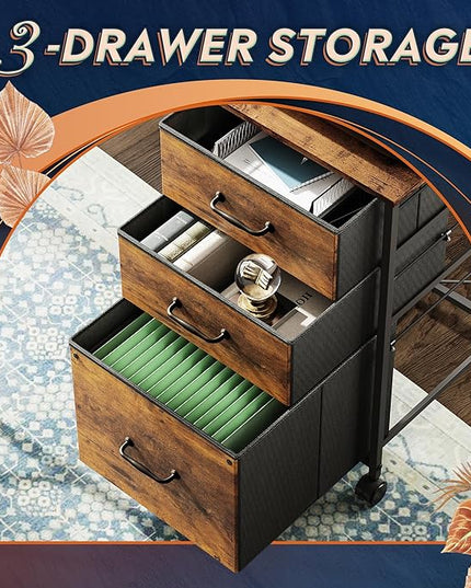 DEVAISE Mobile File Cabinet, Rolling Printer Stand with 3 Drawers, Fabric Vertical Filing Cabinet fits A4 or Letter Size for Home Office, Rustic Brown Wood Grain Print - LeafyLoom