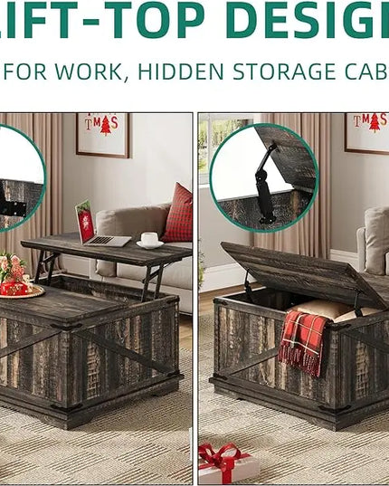 YITAHOME Farmhouse Lift Top Coffee Table, Square Wood Center Table with Large Hidden Storage Compartment for Living Room, Rustic Cocktail Table with Lift Top for Home Office,Dark Rustic Oak - LeafyLoom