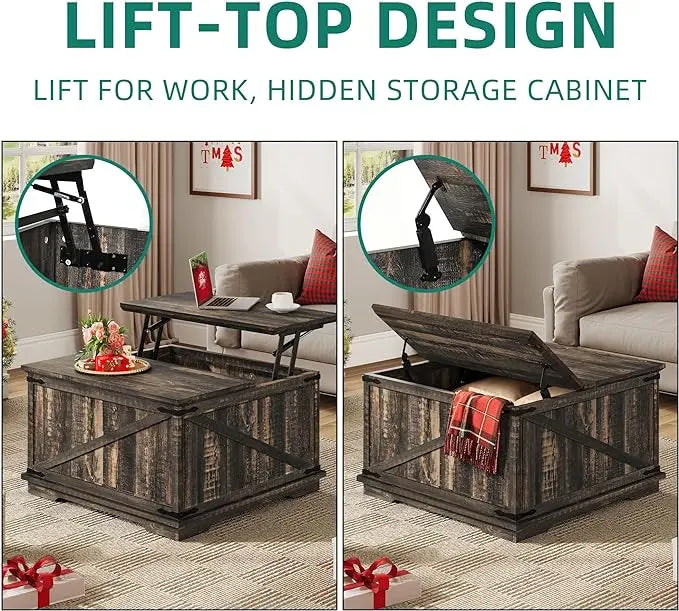 YITAHOME Farmhouse Lift Top Coffee Table, Square Wood Center Table with Large Hidden Storage Compartment for Living Room, Rustic Cocktail Table with Lift Top for Home Office,Dark Rustic Oak - LeafyLoom