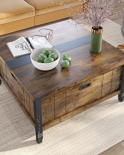 Bestier Farmhouse Coffee Table, Square Wood Center Table with Large Hidden Storage Compartment for Living Room, Rustic Cocktail Table with Hinged Lift Top for Home,Rustic Brown - LeafyLoom