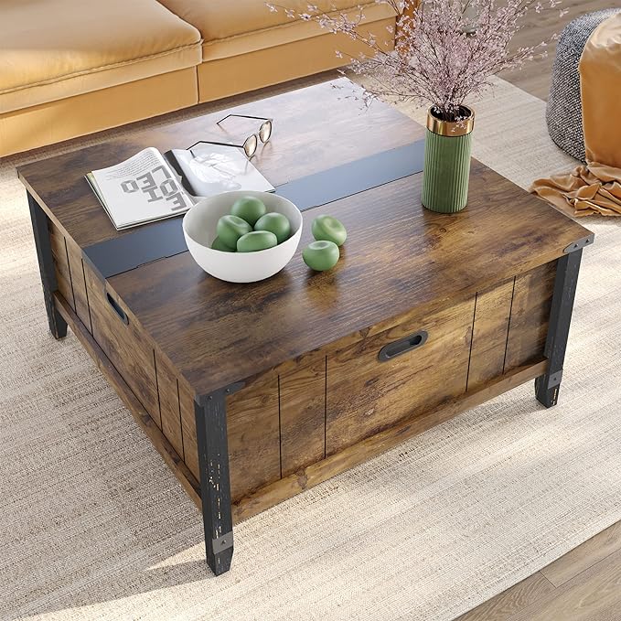 Bestier Farmhouse Coffee Table, Square Wood Center Table with Large Hidden Storage Compartment for Living Room, Rustic Cocktail Table with Hinged Lift Top for Home,Rustic Brown - LeafyLoom