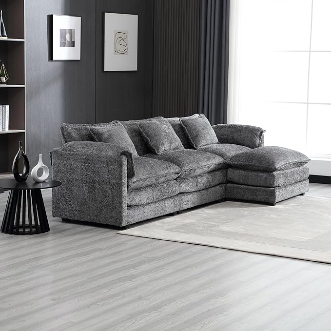 5 Seater L Shaped Convertible Modular Sectional Sofa with Reversible Chaise, Minimalist Oversized Sleeper Corner Couch,Chenille Upholstered Leisure Sofá for Living Room Office, Dark Gray 112.2" - LeafyLoom