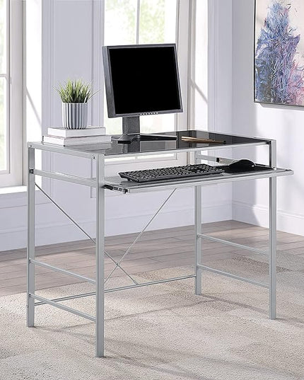 OSP Home Furnishings Zephyr Computer Desk with Keyboard Shelf and Tempered Glass Top, Black Glass and Silver Frame - LeafyLoom
