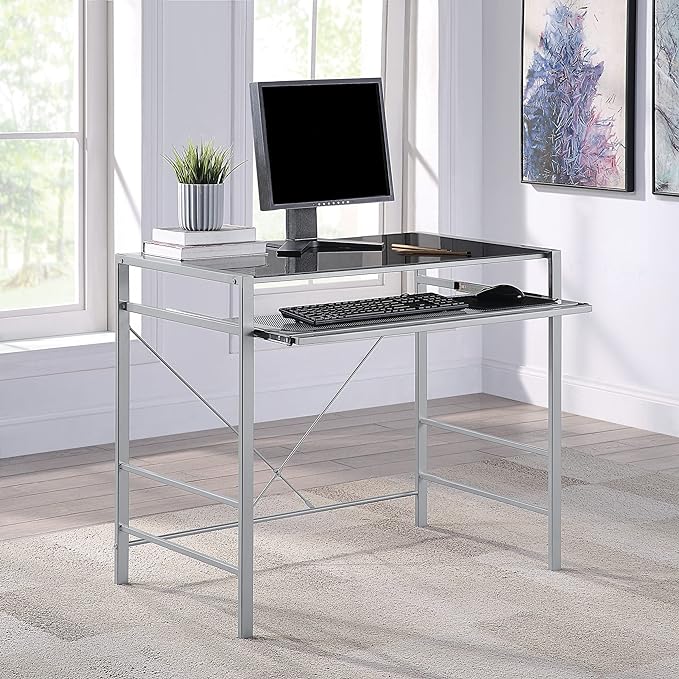 OSP Home Furnishings Zephyr Computer Desk with Keyboard Shelf and Tempered Glass Top, Black Glass and Silver Frame - LeafyLoom