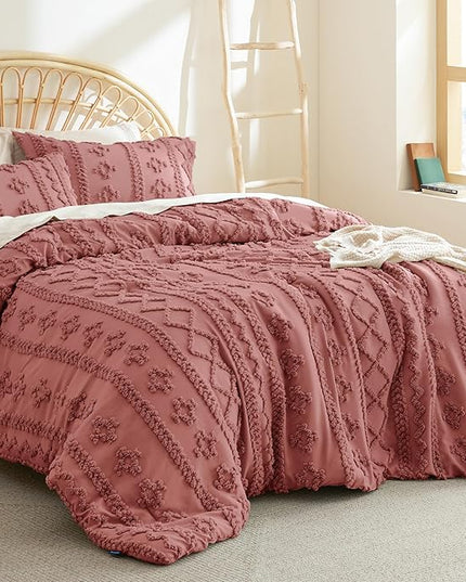 Bedsure Tufted Boho Comforter Set Full - Grayish Pink Boho Bedding Comforter Set, 3 Pieces Farmhouse Shabby Chic Embroidery Bed Set, Soft Jacquard Comforter for All Seasons - LeafyLoom