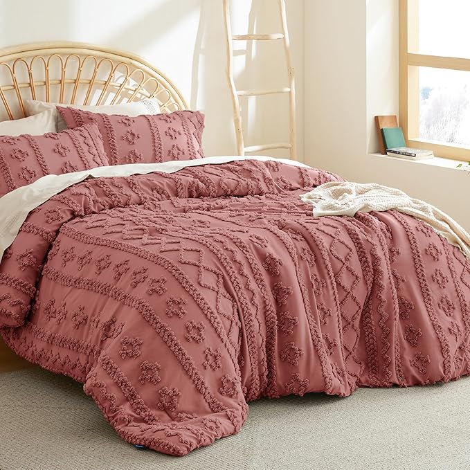 Bedsure Tufted Boho Comforter Set Full - Grayish Pink Boho Bedding Comforter Set, 3 Pieces Farmhouse Shabby Chic Embroidery Bed Set, Soft Jacquard Comforter for All Seasons - LeafyLoom