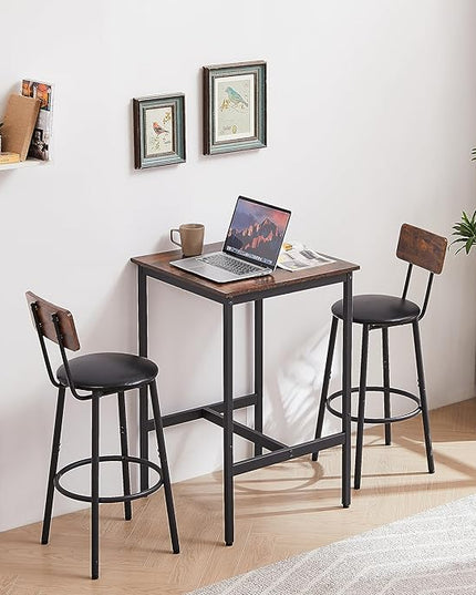 2 PU Soft Seat with Backrest & Footrest, Counter Height Stools for Apartment Dining Room Kitchen or Small Space Easy to Assemble Rustic Brown, 3-Piece Square Bar Table Set - LeafyLoom