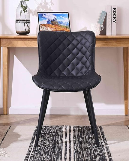 YOUTASTE Black Dining Chairs Set of 2 Mid Century Modern PU Leather Diamond Upholstered Accent Guest Dinner Chair with Back Metal Legs for Kitchen Living Reception Waiting Room - LeafyLoom