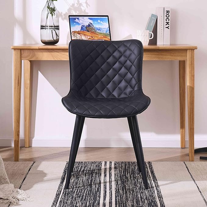 YOUTASTE Black Dining Chairs Set of 2 Mid Century Modern PU Leather Diamond Upholstered Accent Guest Dinner Chair with Back Metal Legs for Kitchen Living Reception Waiting Room - LeafyLoom
