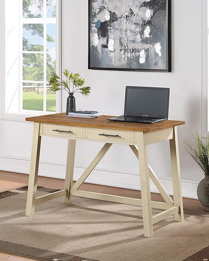 OSP Home Furnishings Milford Rustic 42 Inch Writing Desk with 2 Drawers and Burnished Decorative Hardware, Antique White - LeafyLoom