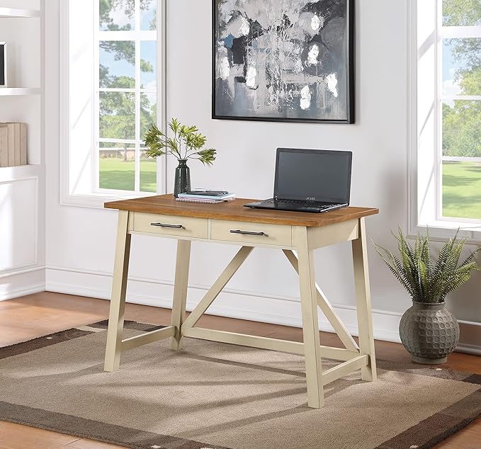 OSP Home Furnishings Milford Rustic 42 Inch Writing Desk with 2 Drawers and Burnished Decorative Hardware, Antique White - LeafyLoom