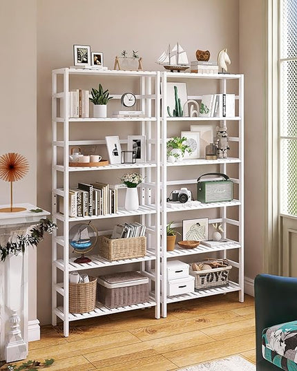 Bookshelf, 6-Tier Tall Bookcase Freestanding Bamboo Book Shelf Bathroom Storage Organizer with Adjustable Shelves, White - LeafyLoom