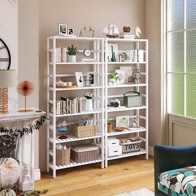 Bookshelf, 6-Tier Tall Bookcase Freestanding Bamboo Book Shelf Bathroom Storage Organizer with Adjustable Shelves, White - LeafyLoom
