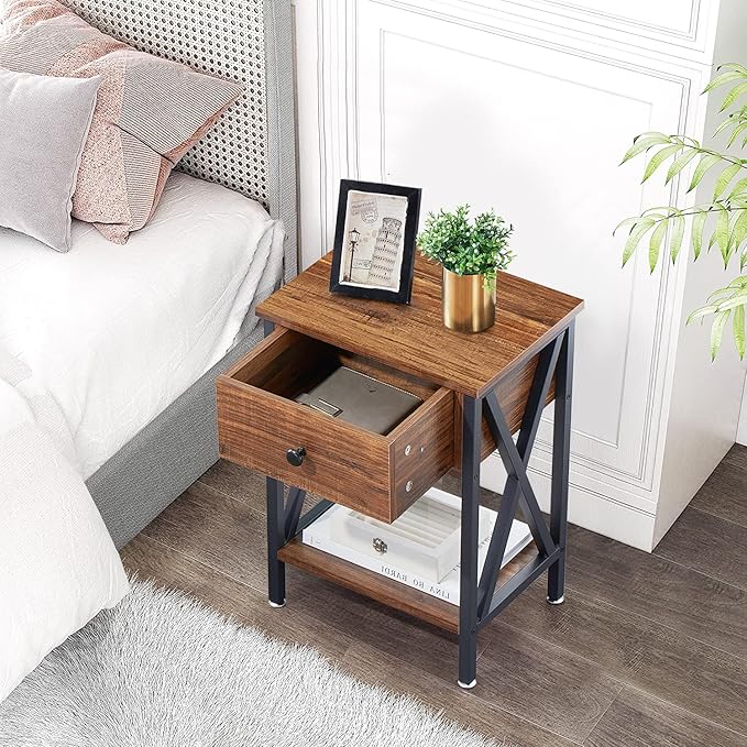 VECELO Modern Side End Table, Nightstand Storage Shelf with Bin Drawer for Bedroom, Lounge, 15.8in11.8in21.7in, Brown - LeafyLoom