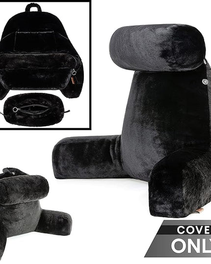 XXL Husband Pillow Cover Only - Limited Baby Black Panther Fur Backrest Pillowcase Set, Two-Tone Reversible Double Sided Fabulous Faux Fur Reading & Bed Rest, Thick Zippers, 2 Sided Solid Neck Rolls - LeafyLoom