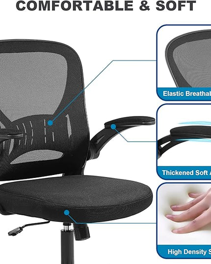 Mesh Office Chair, Ergonomic Computer Chair with Flip-up Arms and Lumbar Support, Height Adjustable Home Office Desk Chairs, Black - LeafyLoom