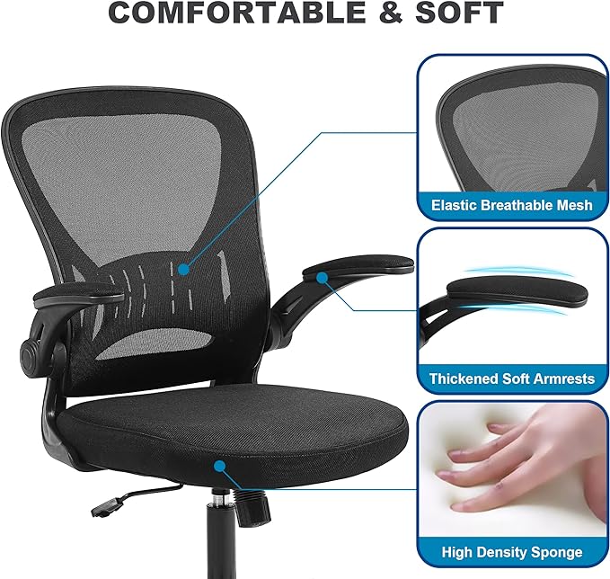 Mesh Office Chair, Ergonomic Computer Chair with Flip-up Arms and Lumbar Support, Height Adjustable Home Office Desk Chairs, Black - LeafyLoom