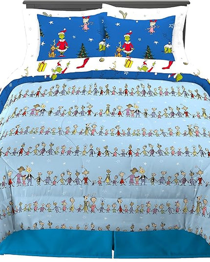 Franco Grinch by Dr. Seuss Holiday & Christmas Bedding Super Soft Comforter and Sheet Set with Sham, 7 Piece Full Size (Official Dr. Seuss product) - LeafyLoom