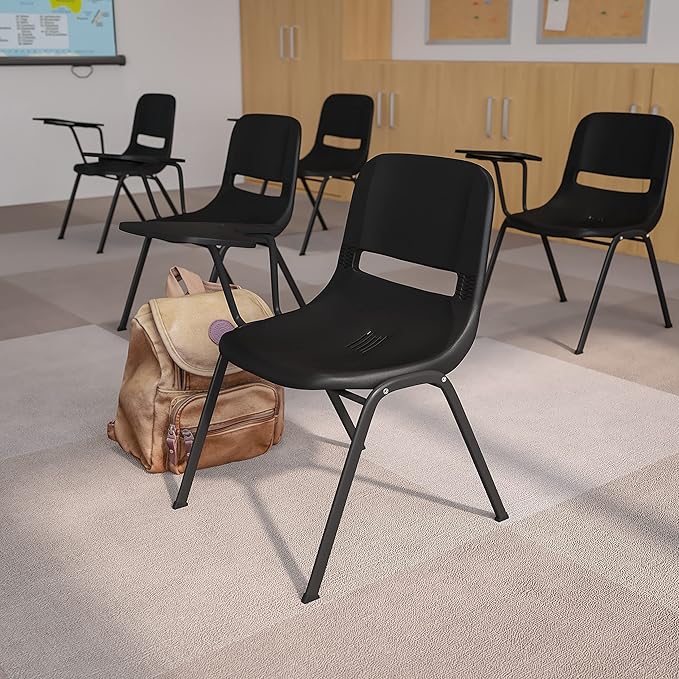Flash Furniture HERCULES Black Ergonomic Shell Chair with Right Handed Flip-Up Tablet Arm - LeafyLoom