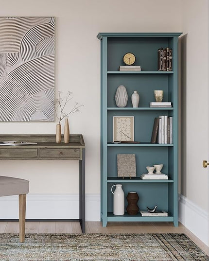 SIMPLIHOME Amherst SOLID WOOD 30 Inch Wide Transitional 5 Shelf Bookcase in French Blue, for The Living Room, Study Room and Office - LeafyLoom