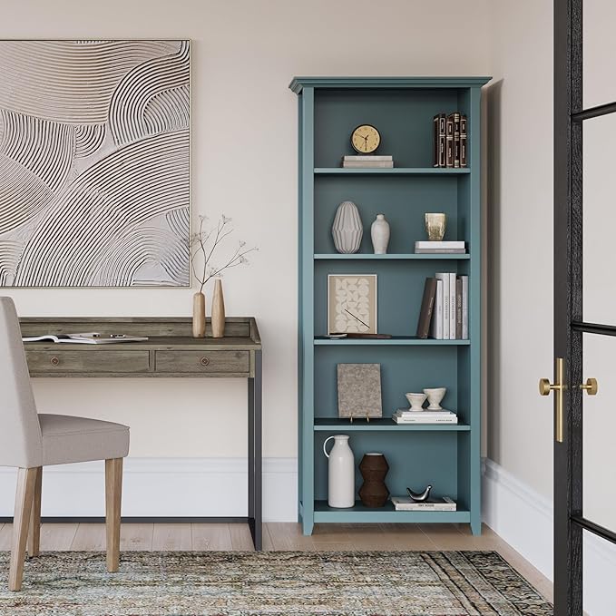 SIMPLIHOME Amherst SOLID WOOD 30 Inch Wide Transitional 5 Shelf Bookcase in French Blue, for The Living Room, Study Room and Office - LeafyLoom