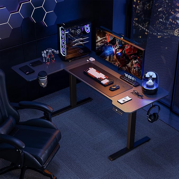 59" Reversiable L-Shaped Electric Standing Desk Adjustable Height Gaming Stand Up Corner Desk Sit Stand Home Office Computer Desk with Splice Board,Black Carbon Top - LeafyLoom