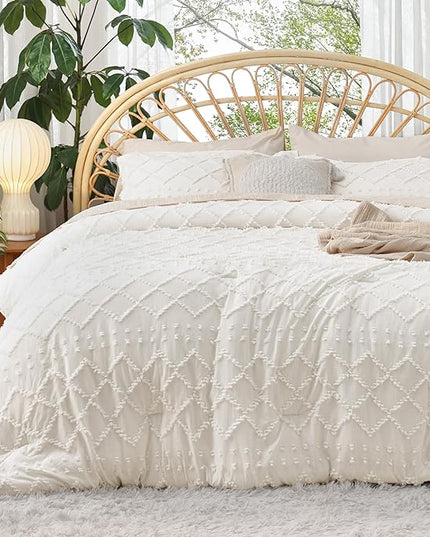 Bedsure Queen Comforter Set - Ivory Comforter, Boho Tufted Shabby Chic Bedding Comforter Set, 3 Pieces Vintage Farmhouse Bed Set for All Seasons, Fluffy Soft Bedding Set with 2 Pillow Shams - LeafyLoom