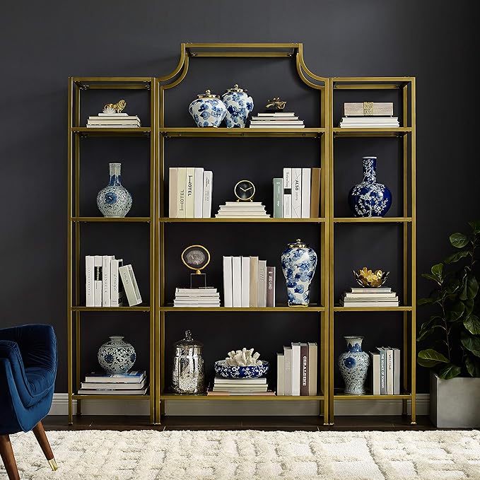 Crosley Furniture Aimee 3-Piece Etagere Bookcase Set - Gold and Glass - LeafyLoom