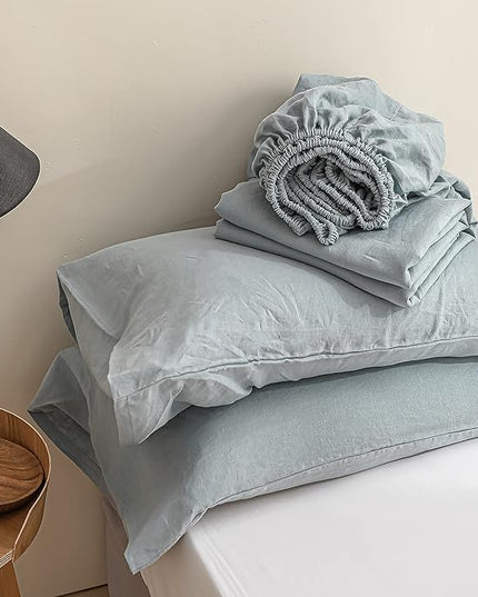 Simple&Opulence 100% Linen Sheet Set Solid Color-4 Pcs Washed French Linen Bed Sheets(1 Flat Sheet,1 Fitted Sheet,2 Pillowcases)-Breathable Bedding Set(California King, Dusty Blue) - LeafyLoom