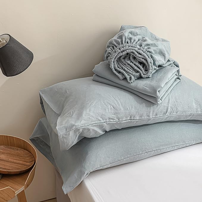 Simple&Opulence 100% Linen Sheet Set Solid Color-4 Pcs Washed French Linen Bed Sheets(1 Flat Sheet,1 Fitted Sheet,2 Pillowcases)-Breathable Bedding Set(California King, Dusty Blue) - LeafyLoom