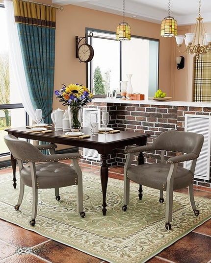 Large Dining Chairs with Casters and Arms, Rolling Dining Chairs with Wheels, Solid Wood Boss Caption's Chairs Office Chairs, 26"D x 25.2"W x 31.5"H, Soft Grey Legs & Dark Brown SY-1318-DK - LeafyLoom