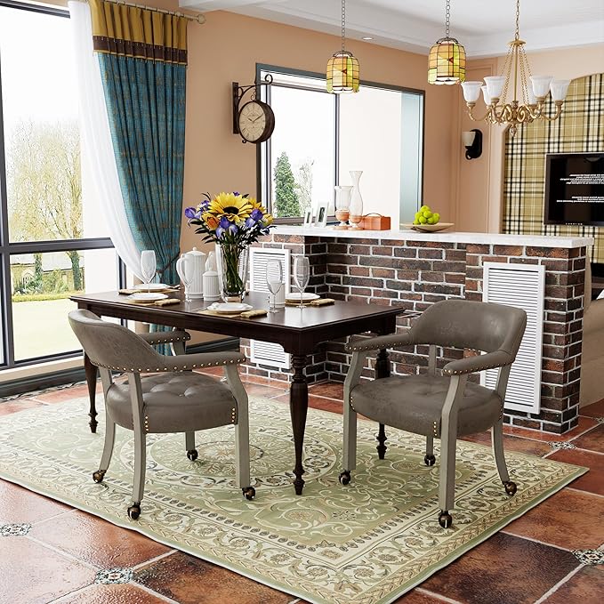 Large Dining Chairs with Casters and Arms, Rolling Dining Chairs with Wheels, Solid Wood Boss Caption's Chairs Office Chairs, 26"D x 25.2"W x 31.5"H, Soft Grey Legs & Dark Brown SY-1318-DK - LeafyLoom