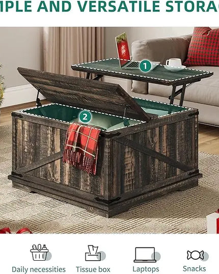 YITAHOME Farmhouse Lift Top Coffee Table, Square Wood Center Table with Large Hidden Storage Compartment for Living Room, Rustic Cocktail Table with Lift Top for Home Office,Dark Rustic Oak - LeafyLoom