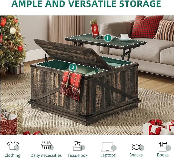 YITAHOME Farmhouse Lift Top Coffee Table, Square Wood Center Table with Large Hidden Storage Compartment for Living Room, Rustic Cocktail Table with Lift Top for Home Office,Dark Rustic Oak - LeafyLoom