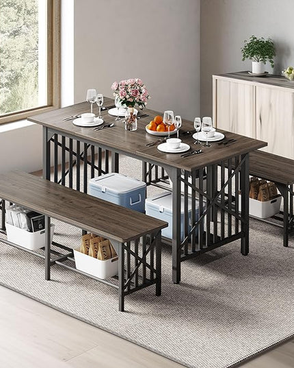 DWVO 3-Piece Dining Table Set for 4-6 People, 63" Dining Room Table with 2 Benches, Industrial Rectangular Dining Room Table Set with Storage for Kitchen, Dining Room, Grey - LeafyLoom