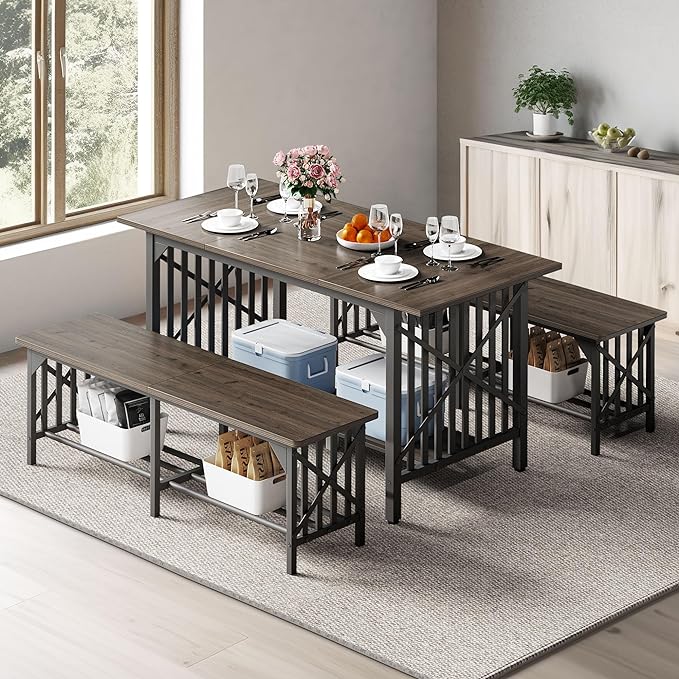 DWVO 3-Piece Dining Table Set for 4-6 People, 63" Dining Room Table with 2 Benches, Industrial Rectangular Dining Room Table Set with Storage for Kitchen, Dining Room, Grey - LeafyLoom