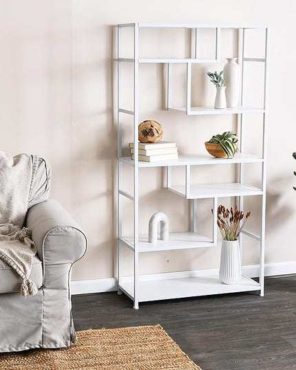 Household Essentials Geometric Tall Open Book Shelf | Mid Century Modern Shelves, Scandinavian White - LeafyLoom