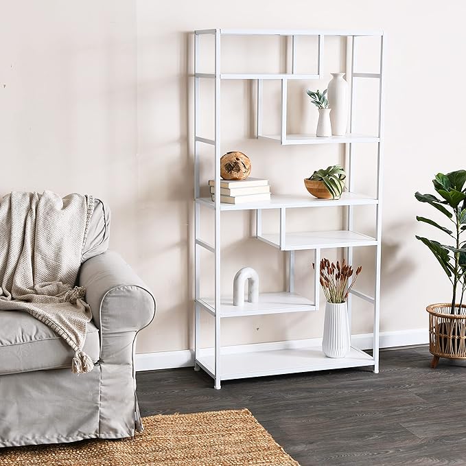 Household Essentials Geometric Tall Open Book Shelf | Mid Century Modern Shelves, Scandinavian White - LeafyLoom