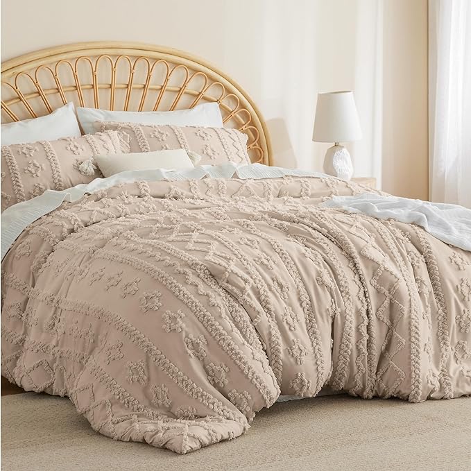 Bedsure Twin/Twin XL Comforter Set Dorm Bedding - Khaki Boho Bedding Comforter Set, 2 Pieces Farmhouse Shabby Chic Embroidery Bed Set, Soft Jacquard Tufted Comforter for College - LeafyLoom