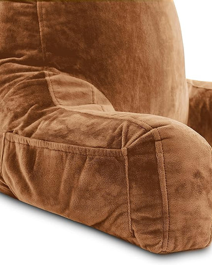 Husband Pillow XXL Tan Backrest with Arms - Adult Reading Pillow Shredded Memory Foam, Ultra-Comfy Removable Microplush Cover & Detachable Neck Roll, Unmatched Support for Bed Rest Sit Up Pillow - LeafyLoom