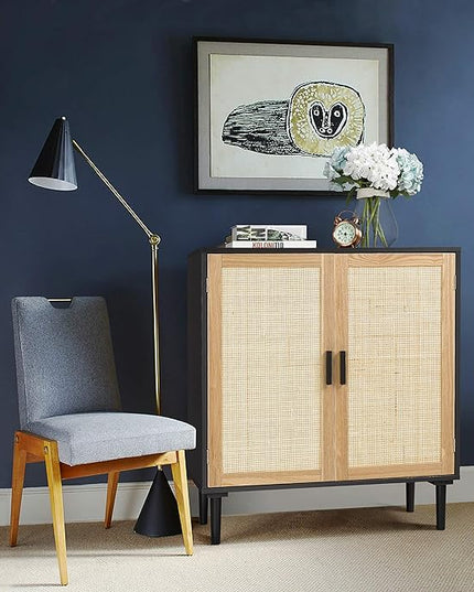 Finnhomy Sideboard Buffet Cabinet, Kitchen Storage Cabinet with Rattan Decorated Doors, Accent Liquor Cabinet for Bar, Dining Room, Hallway, Cupboard Console Table, 31.5X 15.8X 34.6 Inches - LeafyLoom