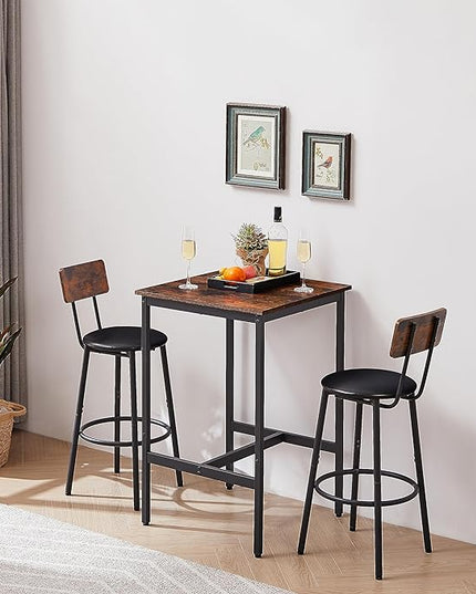 Dining Table Set for 2, Sqaure Bar Table and Chairs Set with PU Soft Seat and Backrest, Kitchen Table and Chairs for Small Spaces, Kitchen and Bar, Rustic Brown - LeafyLoom