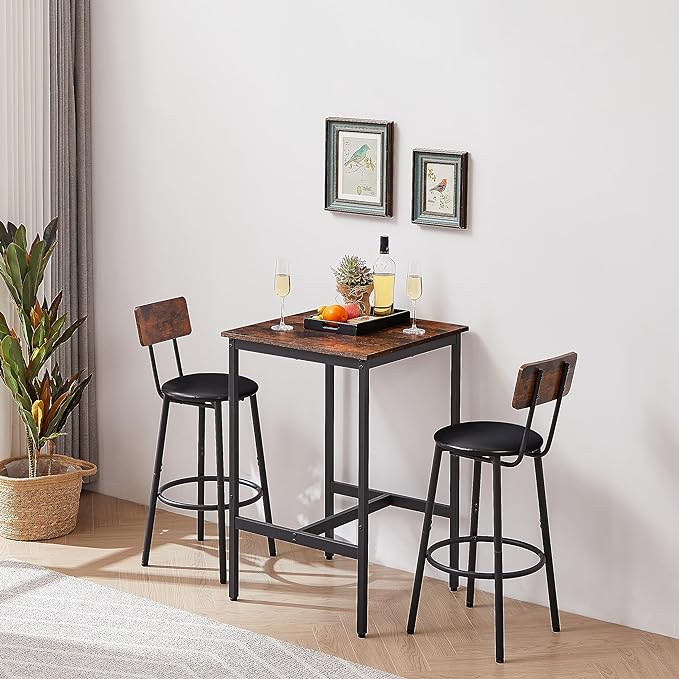Dining Table Set for 2, Sqaure Bar Table and Chairs Set with PU Soft Seat and Backrest, Kitchen Table and Chairs for Small Spaces, Kitchen and Bar, Rustic Brown - LeafyLoom
