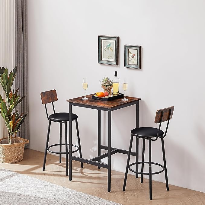 NicBex Kitchen Table and Chairs Modern Dining Table Bar Table Set with 2 Bar Stools PU Soft Seat with Backrest for Breakfast Nook Living Room Small Space Restaurant, Easy Assemble, Rustic Brown - LeafyLoom
