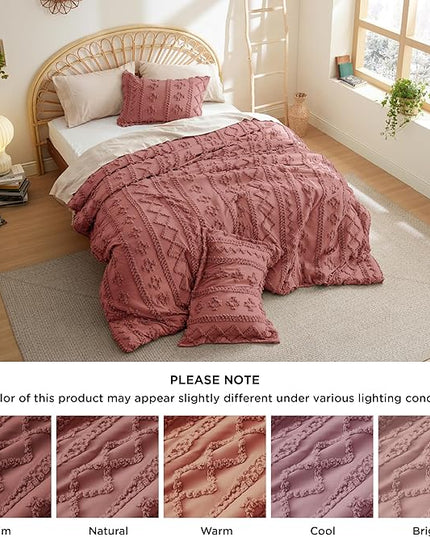 Bedsure Tufted Boho Comforter Set Full - Grayish Pink Boho Bedding Comforter Set, 3 Pieces Farmhouse Shabby Chic Embroidery Bed Set, Soft Jacquard Comforter for All Seasons - LeafyLoom