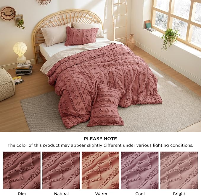 Bedsure Tufted Boho Comforter Set Queen - Grayish Pink Boho Bedding Comforter Set, 3 Pieces Farmhouse Shabby Chic Embroidery Bed Set, Soft Jacquard Comforter for All Seasons - LeafyLoom