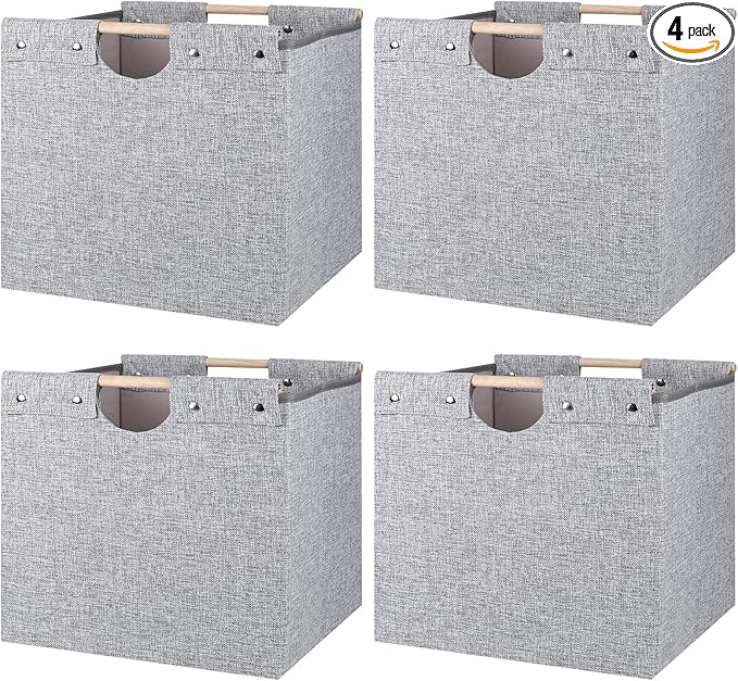 13x13x13 Inches Collapsible Storage Cubes, 4 Pack Fabric Bins with Wooden Handles for Kallax Shelves, Closet, Cabinet, Bookcase, Home Organizer Boxes for Decor and Laundry (Gray) - LeafyLoom